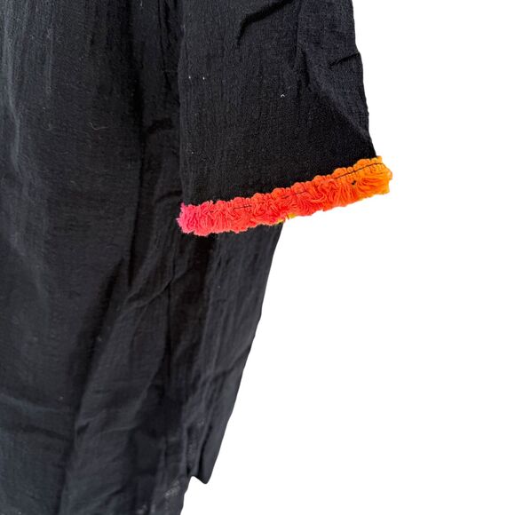 Entro Short Sleeve Top MEDIUM Fringe Trim Black Cotton V-Neck Boho Aztec Rainbow - Picture 9 of 14